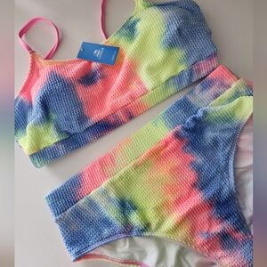 Cupshe New XL Neon Tie Dye Bikini, Bright Summer Color, Fun Crinkle Texture